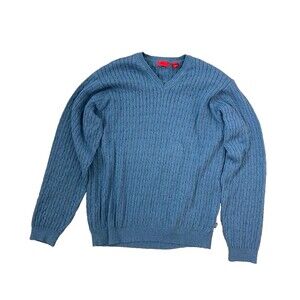 IZOD Mens V-Neck Pullover Cable Knit Sweater XL Blue Cotton Preppy Academia Golf